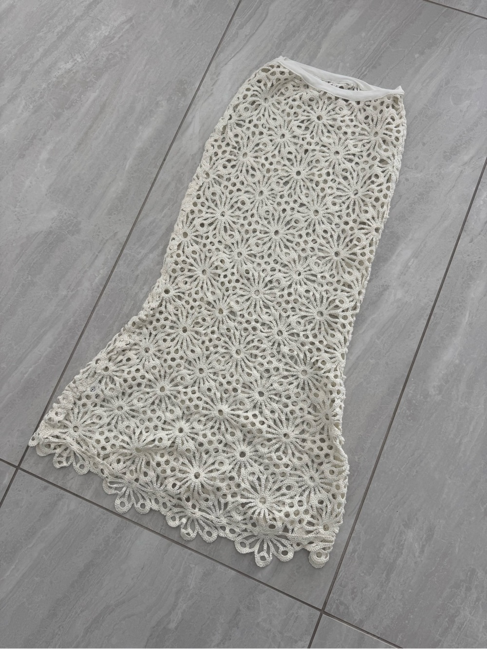 Norma Kamali White Crochet Lace Maxi Skirt